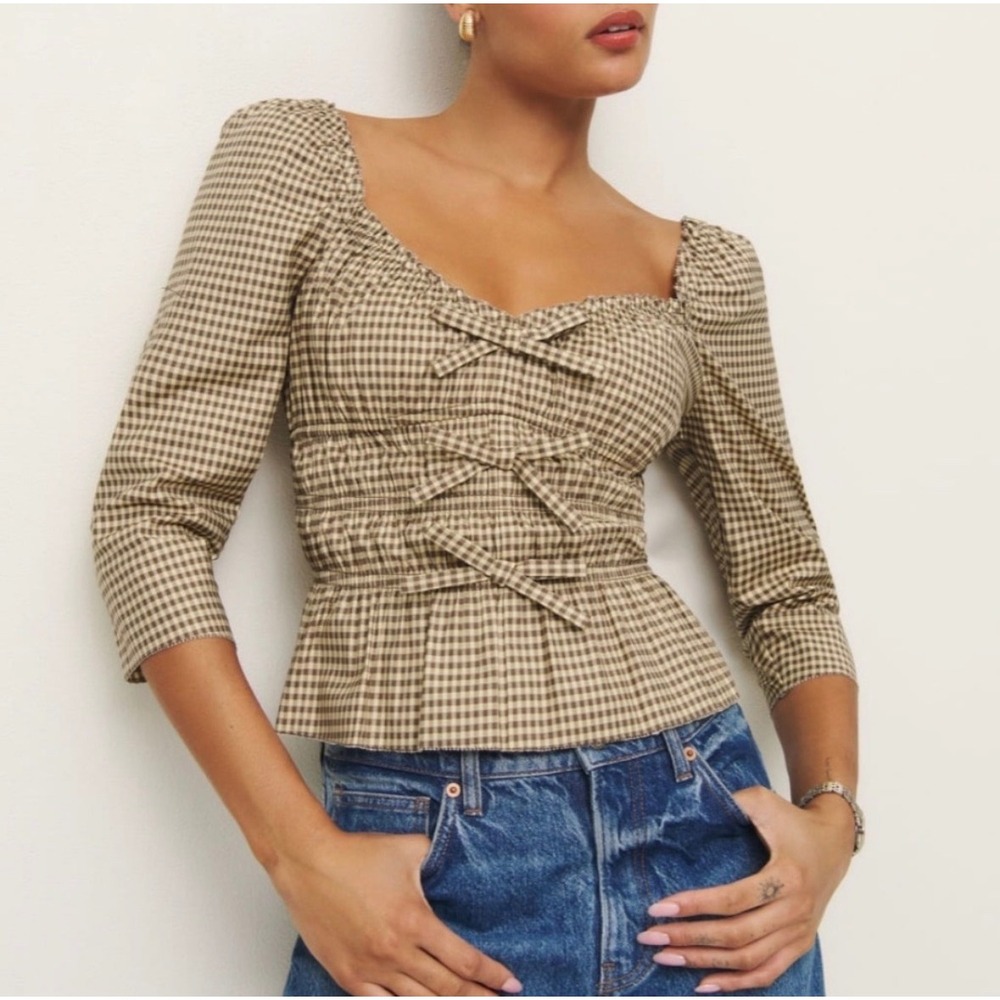 NWT Reformation Lauryn Top Long Sleeve Bows Smocked Blondie Check Size 2